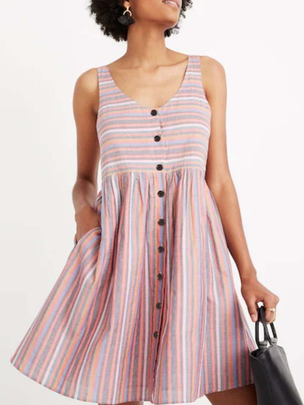 Madewell Scoopneck Tank Dress Rainbow Stripe Button Front Pockets Small